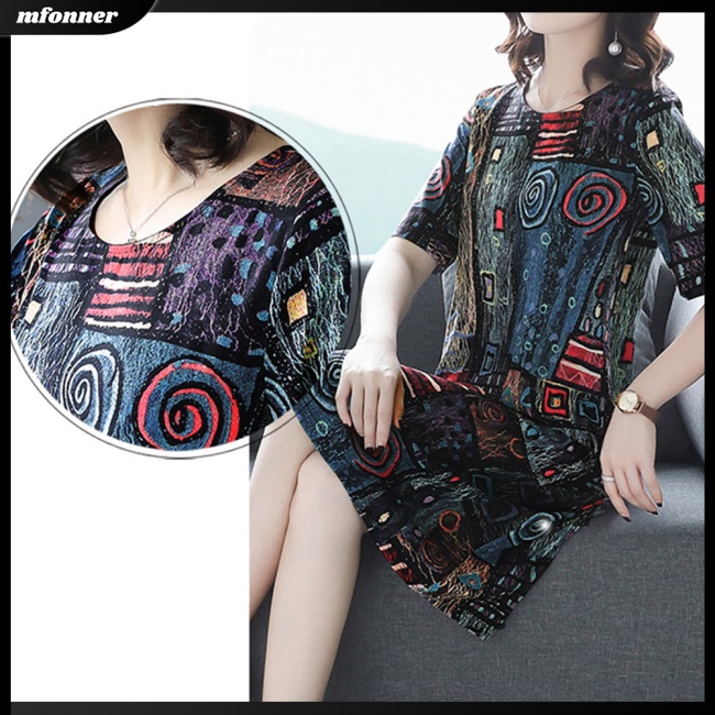 Đầm Midi Tay Ngắn Cổ Tròn In Họa Tiết Phong Cách Cổ Điển Thời Trang Cho Nữ