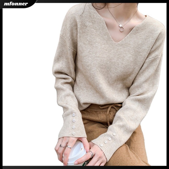 Áo Sweater Dệt Kim Tay Dài Dáng Rộng Cổ Chữ V Dễ Phối Đồ Cho Nữ