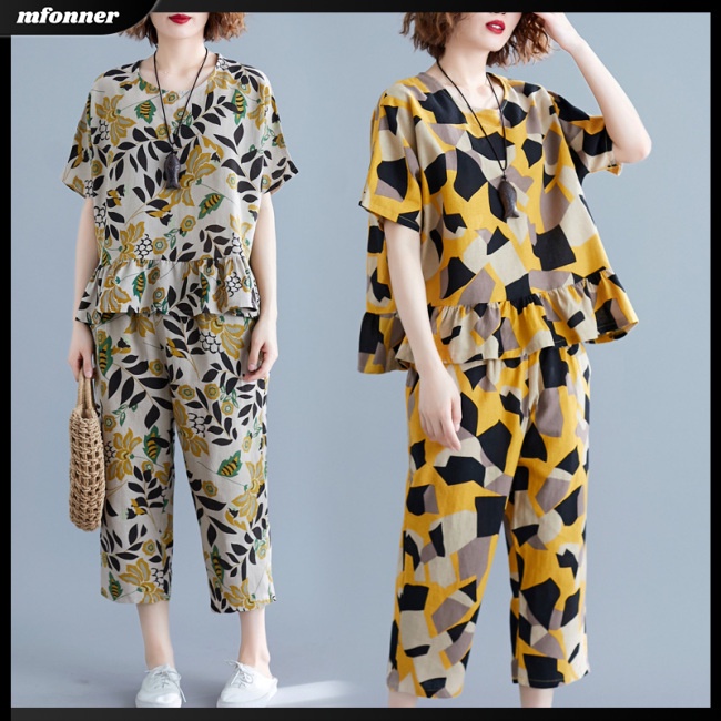 Set Đồ Mùa Hè 2 Món Gồm Áo Thun Tay Cộc + Quần Lửng In Họa Tiết Cho Nữ