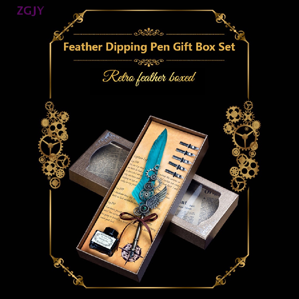 1 Set Bút Mực Nước Bằng Kim Loại Hình Lông Vũ Phong Cách Cổ Điển Mới