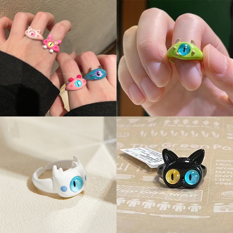 Popkozzi Nhẫn Hình Mèo Đen Mắt To Có Thể Điều Chỉnh Cho Nữ