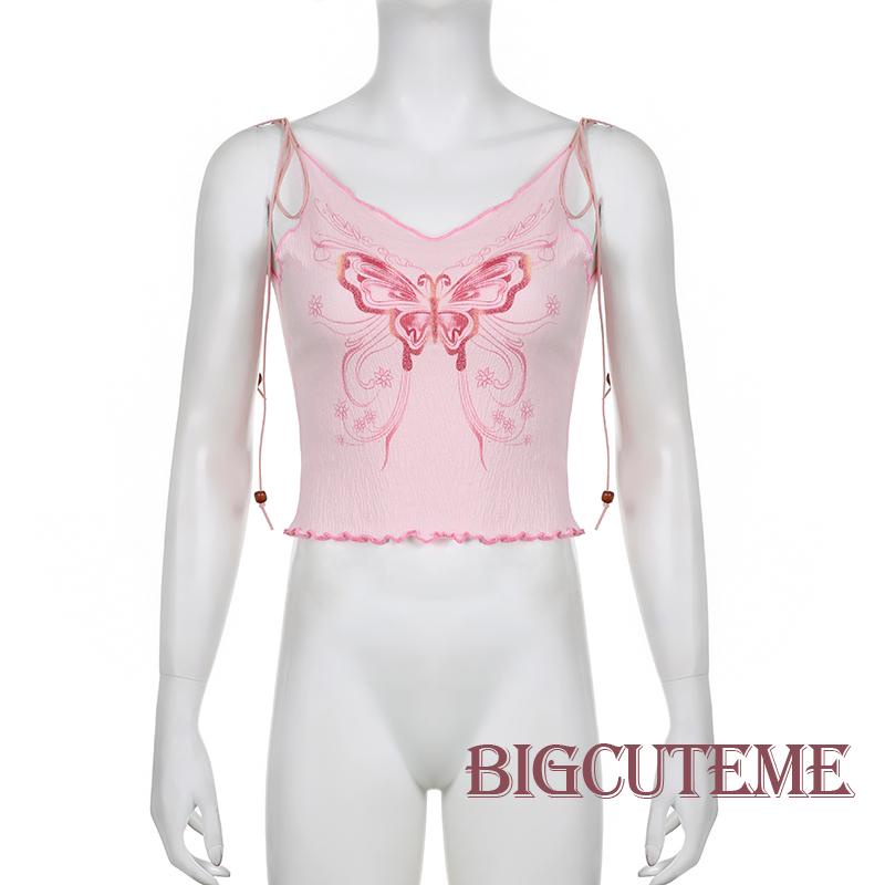 Áo Hai Dây Cổ Chữ V Buộc Dây Hở Lưng In Họa Tiết Bướm Màu Hồng Thời Trang Mùa Hè Cho Nữ