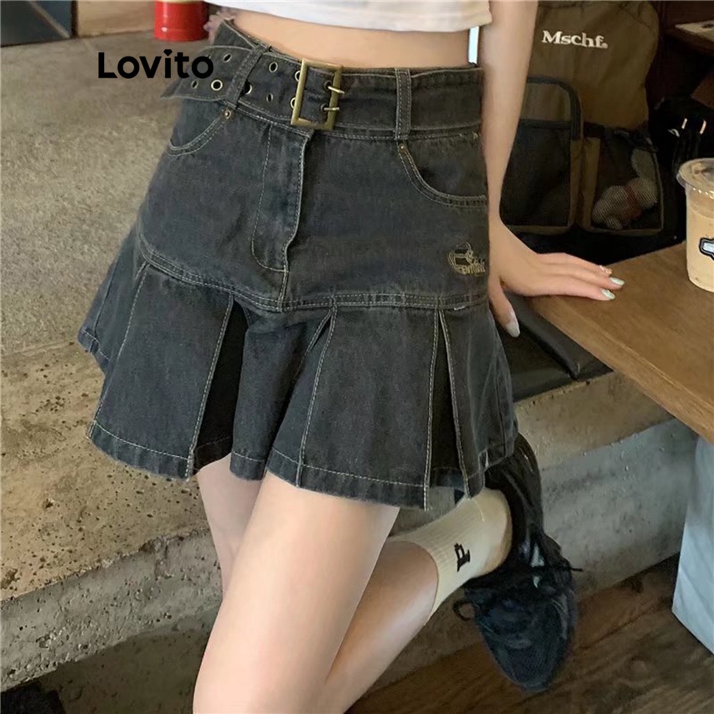 Chân váy denim mini Lovito dáng chữ A phối nút màu trơn cơ bản cho nữ LNE03223 (màu xám đậm)