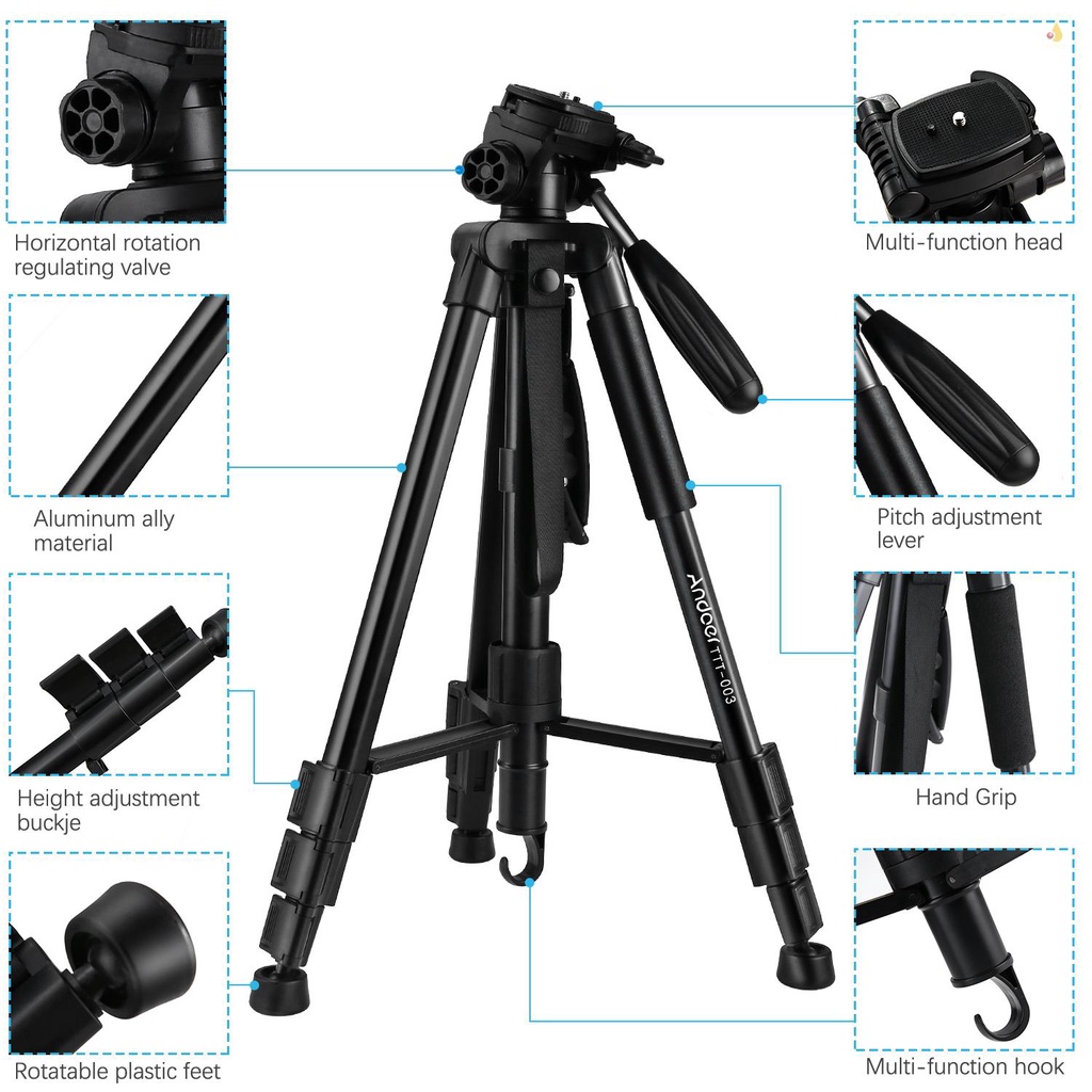 Giá Đỡ Ba Chân Xoay 3 Chiều Bằng Hợp Kim Nhôm Andoer TTT-003 2 Trong 1 163cm Max. Kẹp Gắn Túi Xách Điện Thoại Thông Minh 5kg 5kg