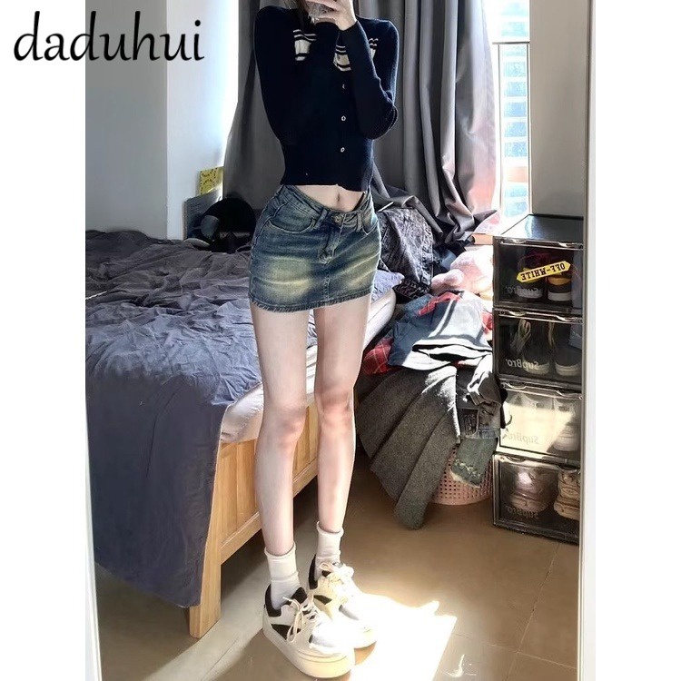 Daduhui New American Style Retro Washed Yellow Mud Denim Skirt High Waist Niche A- line Skirt Bag Hip Skirt