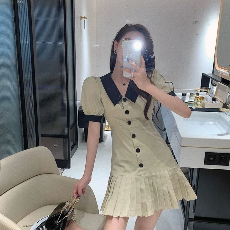 Đầm Đuôi Cá Xếp Ly Tay Phồng Ôm Dáng Màu Tương Phản Kiểu Retro Hàn Quốc Thời Trang Cho Nữ