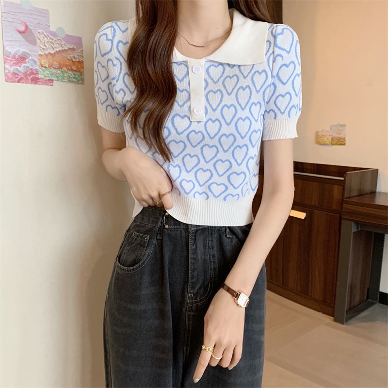 Áo polo Dệt Kim Tay Ngắn In Hình Trái Tim Dễ Thương Cho Nữ
