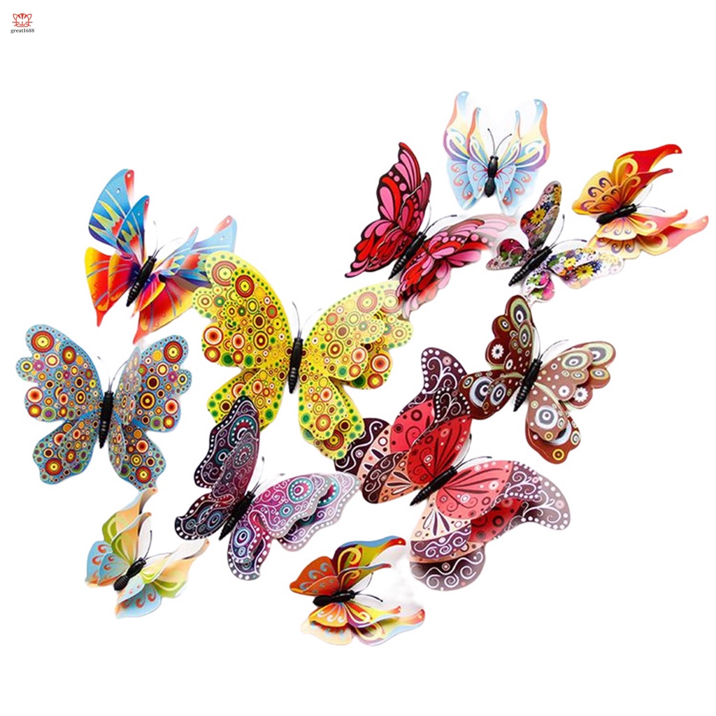 12 Sticker Dán Tường Họa Tiết 3D Hình Con Bướm Dùng Trong Trang Trí Phòng
