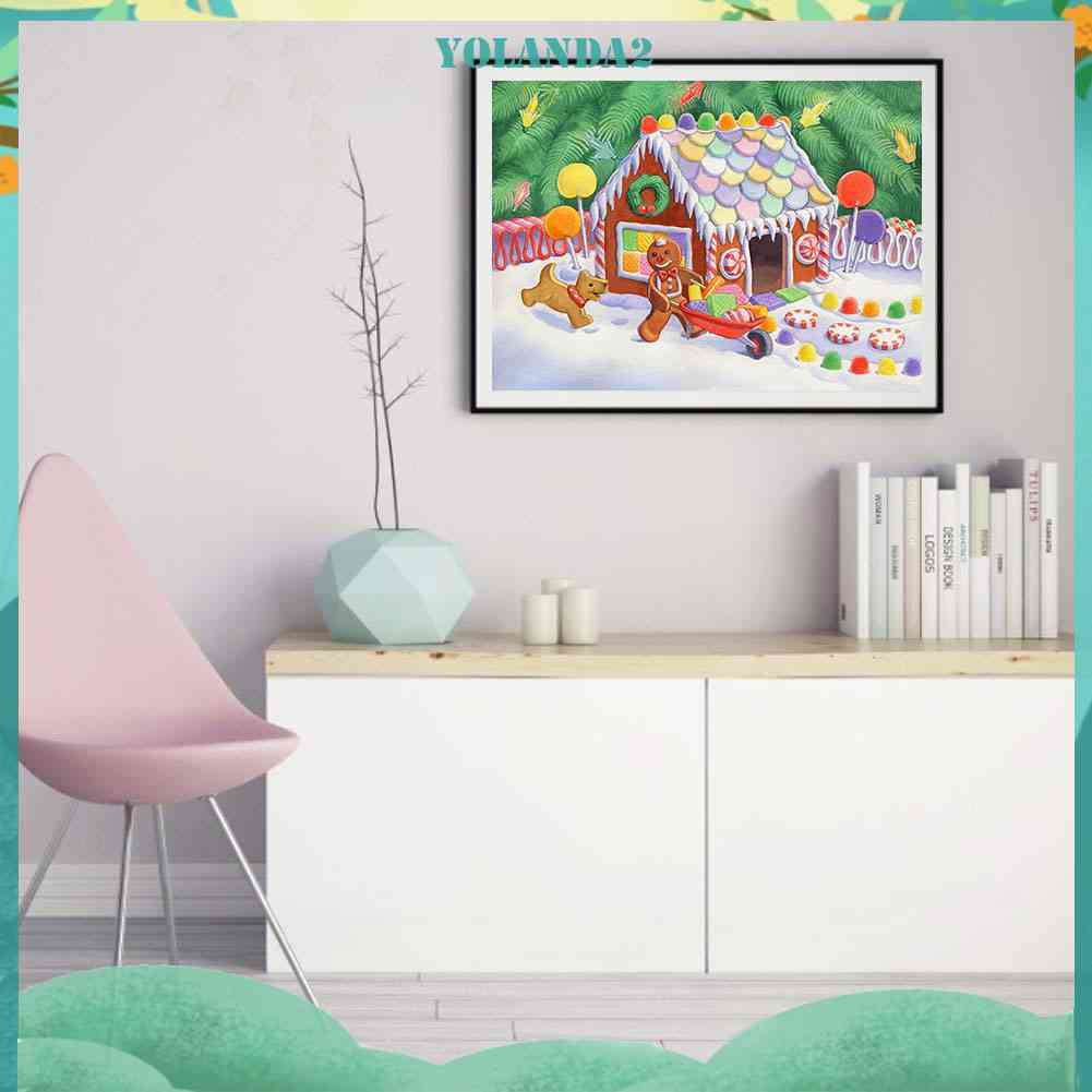 Tranh Đính Đá Kim Cương Toàn Bộ 5D DIY Hình Ngôi Nhà Kẹo Giáng Sinh