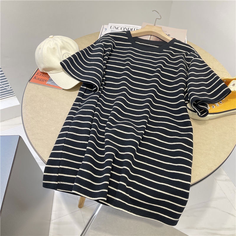 HANLU Áo Thun Nữ Ngắn Tay Họa Tiết Sọc Ngang Thời Trang