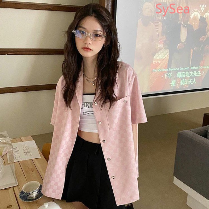 Áo Sơ Mi Tay Ngắn Dáng Rộng Họa Tiết Sọc Caro Thời Trang Mùa Hè Cho Nữ