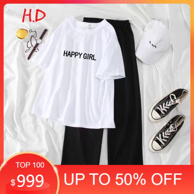 Sét áo happy girl + quần ống rộng dài HD12 , Áo thun nam nữ, quần kaki, quần nữ, DVGIT