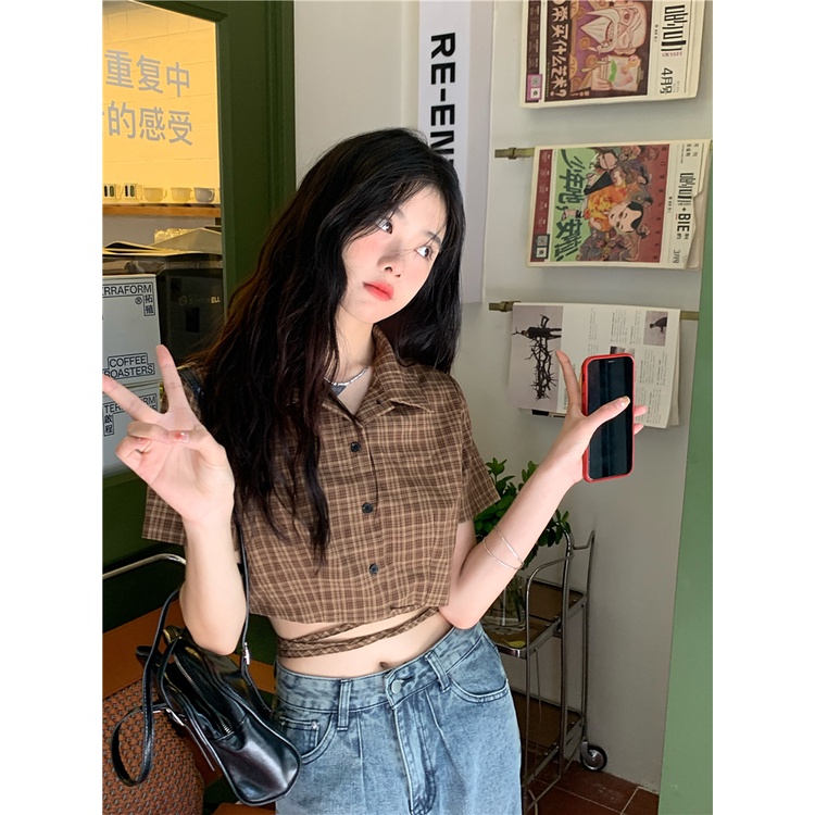 Áo Sơ Mi Nữ Cột Dây Eo Dáng Ngắn Họa Tiết Caro Thời Trang Mùa Hè Xinh Xắn