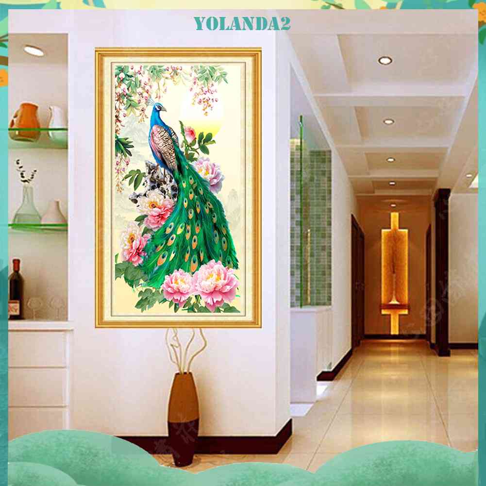 Tranh Thêu Chữ Thập Đính Đá Kim Cương DIY Hình Vẽ Hoa Chim Công