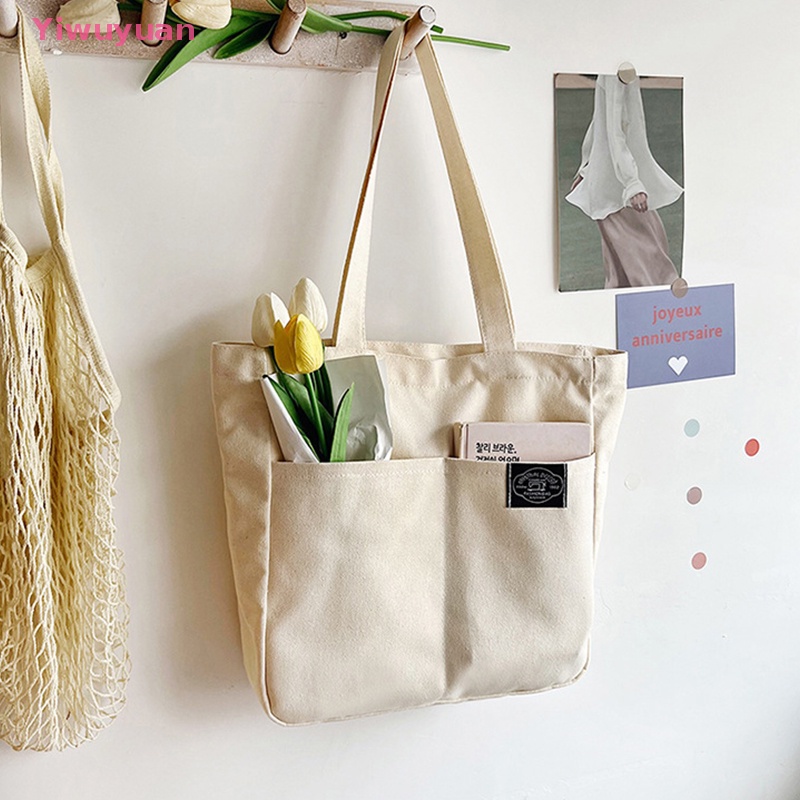 < Yiwuyuan > Túi Xách Tote Bằng Vải Canvas Màu Trơn Thiết Kế Đơn Giản Sức Chứa Lớn Có Thể Tái Sử Dụng Cho Nữ