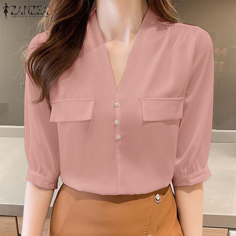 Zanzea Áo Sơ Mi Nữ Tay Lửng Cổ Chữ V Phong Cách Hàn Quốc