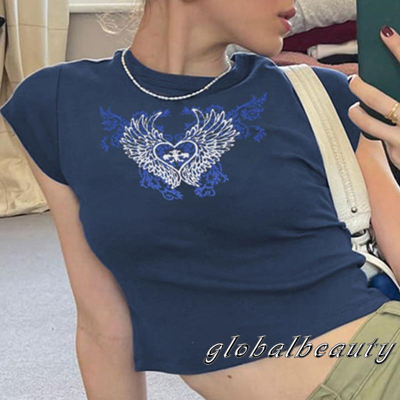 Áo Thun Tay Ngắn Cổ Tròn In Hình Cánh Thiên Thần Và Trái Tim Thời Trang Mùa Hè Cho Nữ