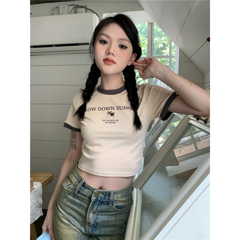 Áo Thun Tay Ngắn Cổ Tròn In Họa Tiết Màu Sắc Tương Phản Thời Trang Cho Nữ