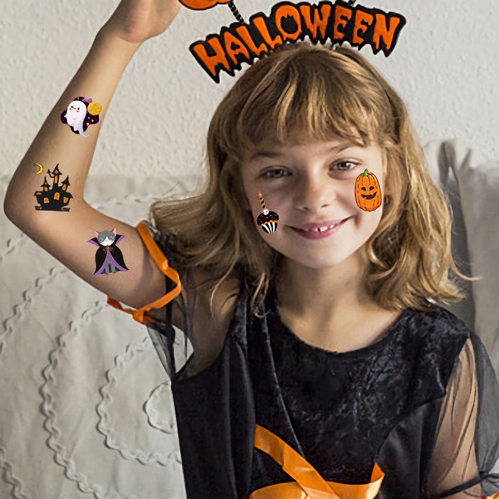 Hình Xăm Dán Chống Nước Chống Mồ Hôi Chống Rơi Hình Bí Ngô Halloween Dành Cho Trẻ Em