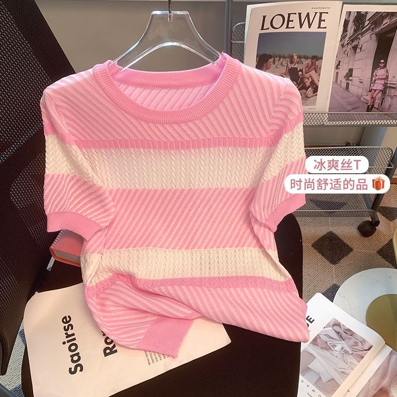 Áo Sweater Tay Ngắn Chất Lụa Lạnh Họa Tiết Kẻ Sọc Thời Trang Mùa Hè 2023 Cho Nữ
