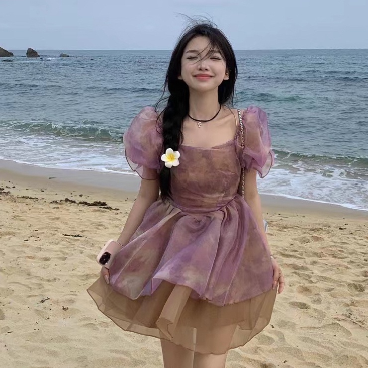 váy babydoll Đầm Tay Phồng Lưng Cao Màu Nhuộm Phối Khóa Kéo Thời Trang Mùa Hè Xinh Xắn Cho Nữ