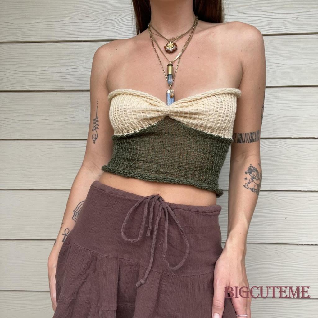 Áo Ống Dệt Kim Mini Không Tay Màu Sắc Tương Phản Thời Trang Mùa Hè Dành Cho Nữ