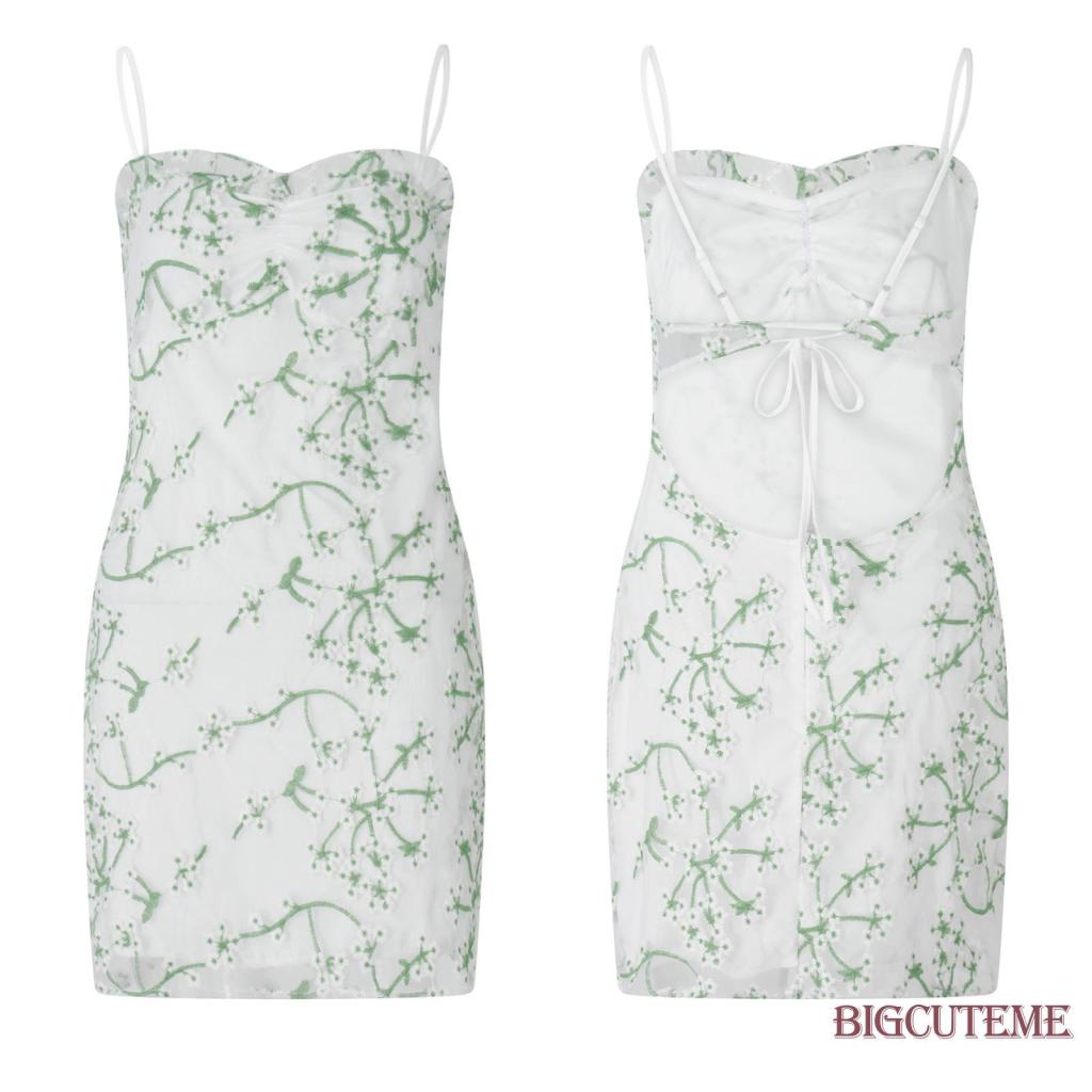 [] - Đầm Mini Hai Dây Phối Lưới Thêu Hoa Phía Trước Mùa Hè Cho Nữ