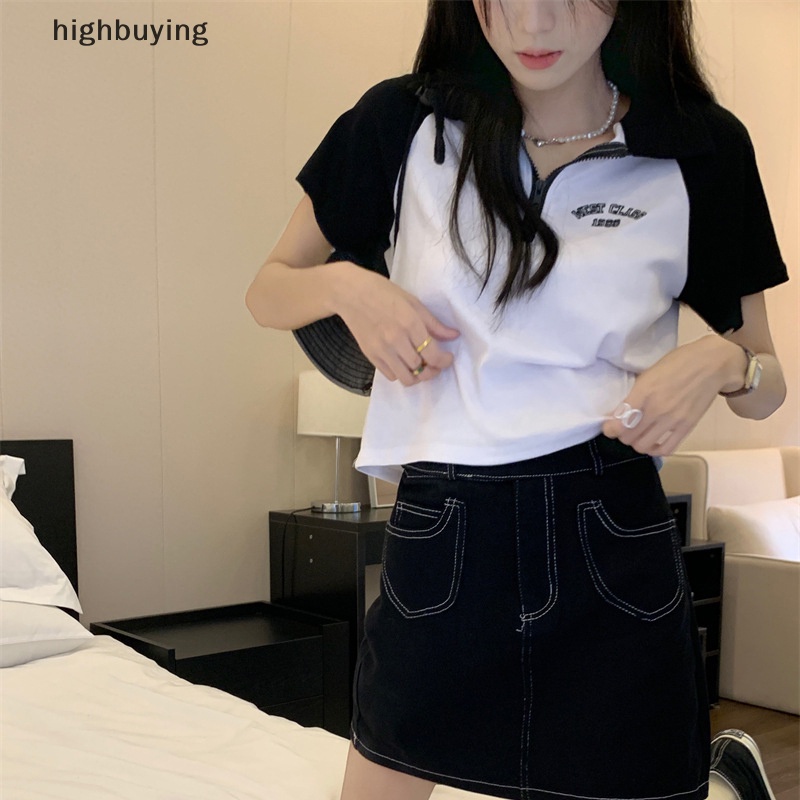 Áo Thun Lửng Tay Ngắn Màu Sắc Tương Phản Phong Cách Retro Cho Nữ