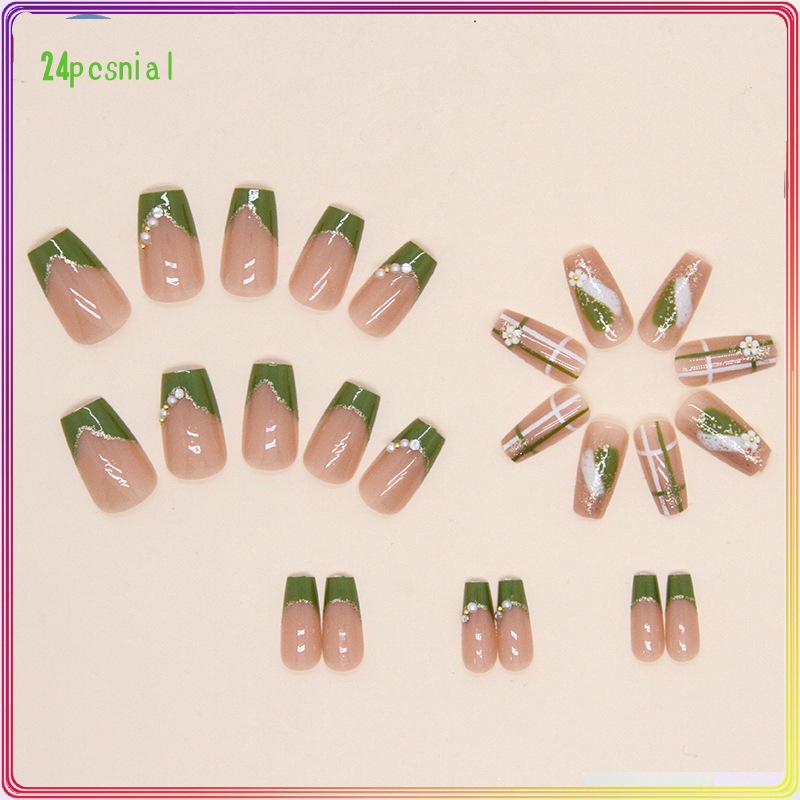 Móng Tay Giả Ngắn Màu Xanh Lá Đính Đá Dễ Thương Tươi Tắn Phong Cách Pháp Mùa Hè/Móng Tay Giả 3d / Móng Tay Giả Kèm Keo Móng Dài/ nơ kèm keo dán dễ thương xinh xắn