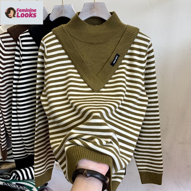 Áo Sweater Dệt Kim Cổ Cao Giả Hai Lớp Họa Tiết Kẻ Sọc Trẻ Trung
