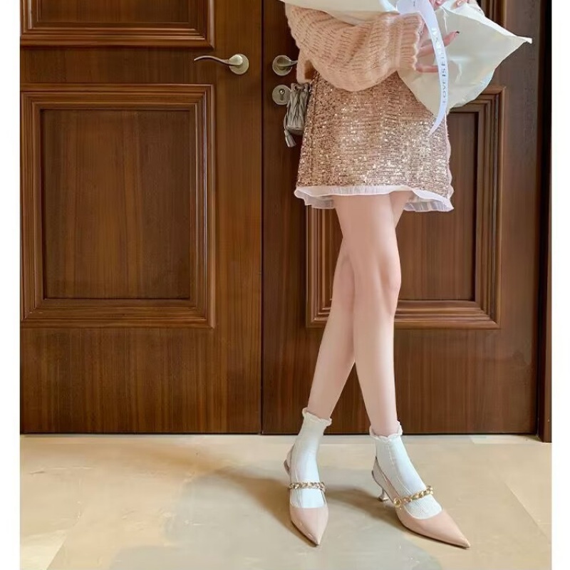 Sandal Cao Gót Mũi Nhọn Hở Một Bên Gót Thấp Phong Cách Pháp Cho Nữ