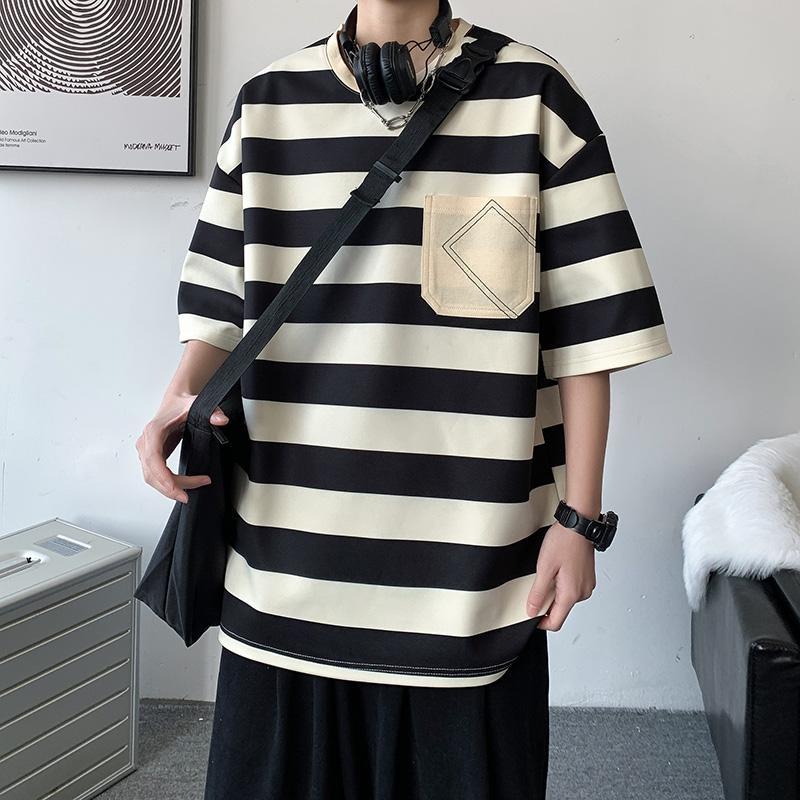 Áo Thun Tay Ngắn Cổ Tròn Họa Tiết Kẻ Sọc Thời Trang Mùa Hè 2023 Mới Cho Nam