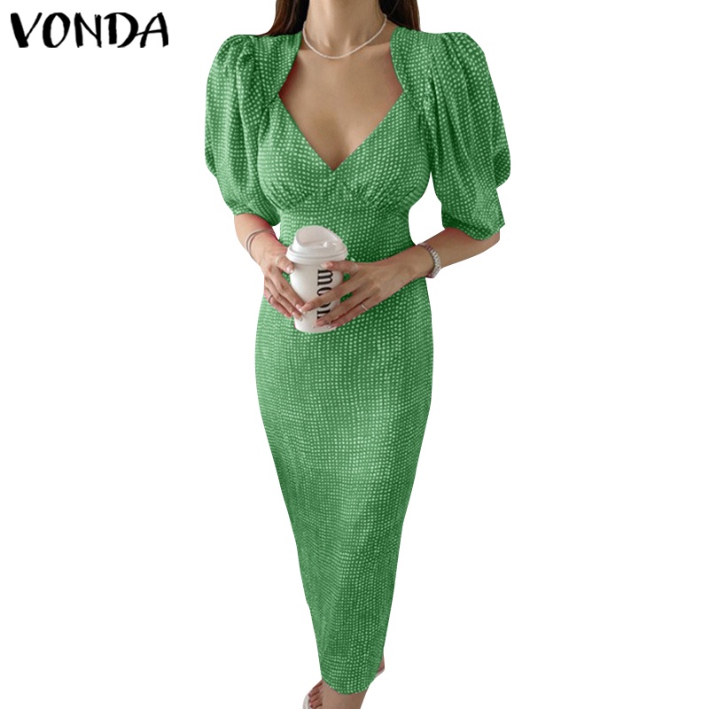Đầm dài VONDA chấm bi tay phồng cổ chữ V thời trang Hàn Quốc cho nữ