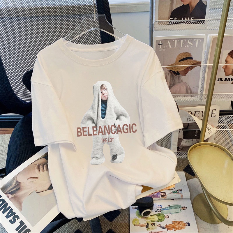 Áo thun XINLANYASHE tay ngắn cổ tròn dáng rộng in hoạt hình phong cách Hàn Quốc xinh xắn cho nữ