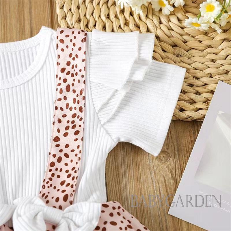 Áo Liền Quần Tay Ngắn Cổ Tròn In Họa Tiết Thắt Nơ Kèm Băng Đô Dành Cho Bé Gái 0-24 Tháng Tuổi