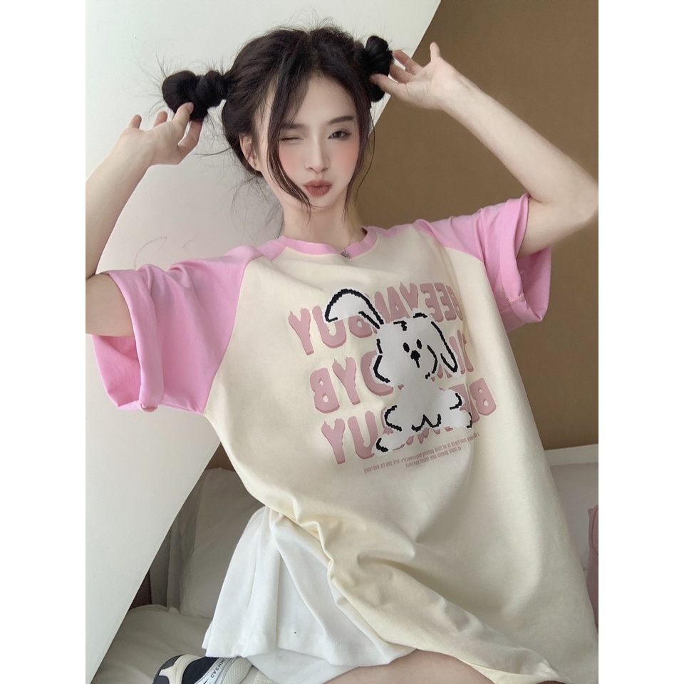 Áo Thun Tay Ngắn Cổ Tròn In Hình Thỏ Nhỏ Dễ Thương Phối Màu Phong Cách Cổ Điển Thời Trang Cho Nữ