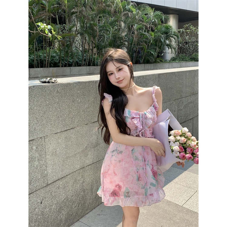 Đầm Hoa Hai Dây Dáng Ngắn Thời Trang Mùa Hè Xinh Xắn Cho Nữ