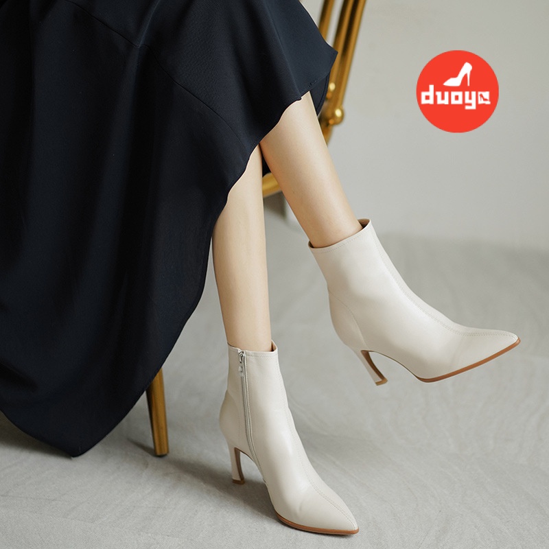 Duoya Tóc Thẳng ~ [Hàng Có Sẵn] Giày Bốt Cao Gót Mũi Nhọn Gót Nhọn Màu Nâu / Trắng Kaki Pháp Cho Nữ [ABC]