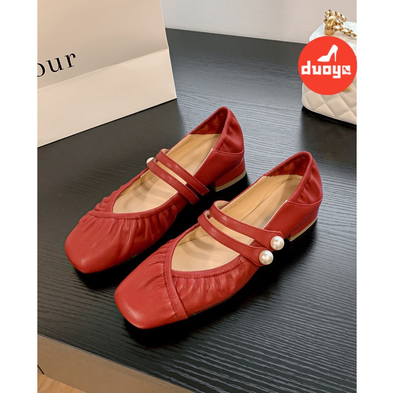 Tóc Thẳng Của Nhà Máy Duoya ~ [Hàng Có Sẵn] RuoDan Mềm ~!Giày Búp Bê Da Mềm Gót Dày Mũi Vuông Xếp Ly Đính Ngọc Trai Thời Trang Cho Nữ