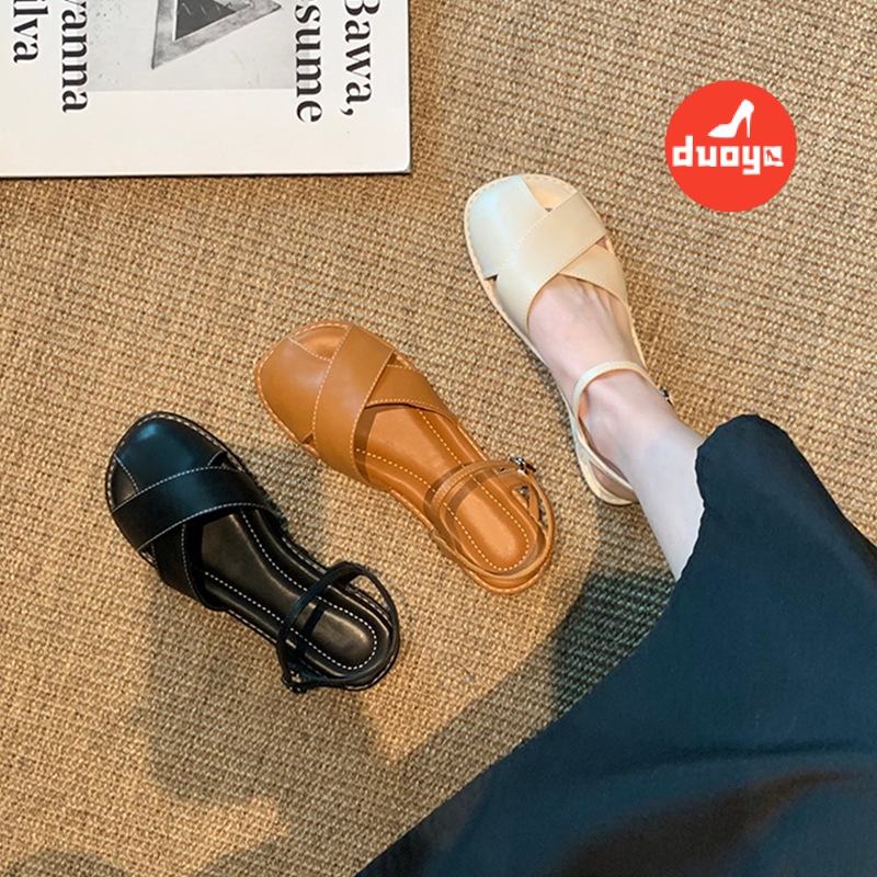 Duoya Tóc Thẳng ~ [Hàng Có Sẵn] Giày Sandal Dây Da Mềm Đế Bằng Hở Ngón Mùa Hè Cho Nữ Miễn Phí Vận Chuyển