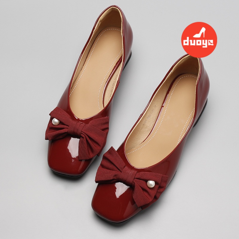 Duoya Tóc Thẳng ~ [Hàng Có Sẵn] Giày Gót Dày Mũi Vuông Miệng Nông Đính Nơ Thanh Lịch Cho Nữ Miễn Phí Vận Chuyển