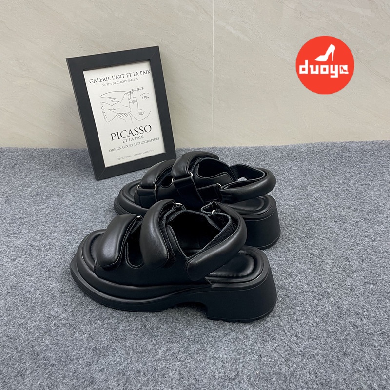 Duoya Tóc Thẳng ~ [Hàng Có Sẵn] Sandal Hở Ngón Đế Dày Màu Đen Tăng Chiều Cao Thời Trang Thường Ngày Cho Nữ Miễn Phí Vận Chuyển