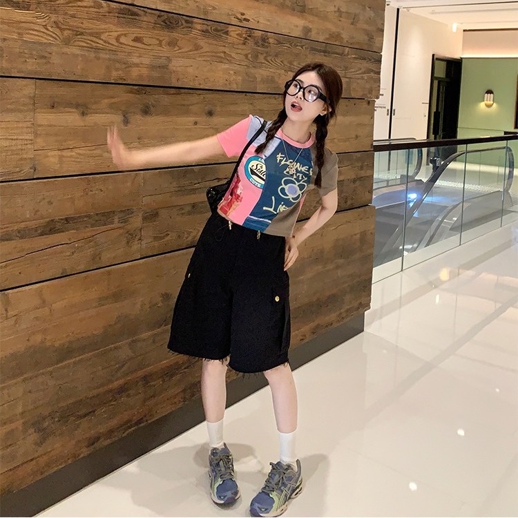 Áo Thun Cotton Ngắn Tay Cổ Tròn Dáng Ôm In Họa Tiết Thời Trang Mùa Hè Dành Cho Nữ