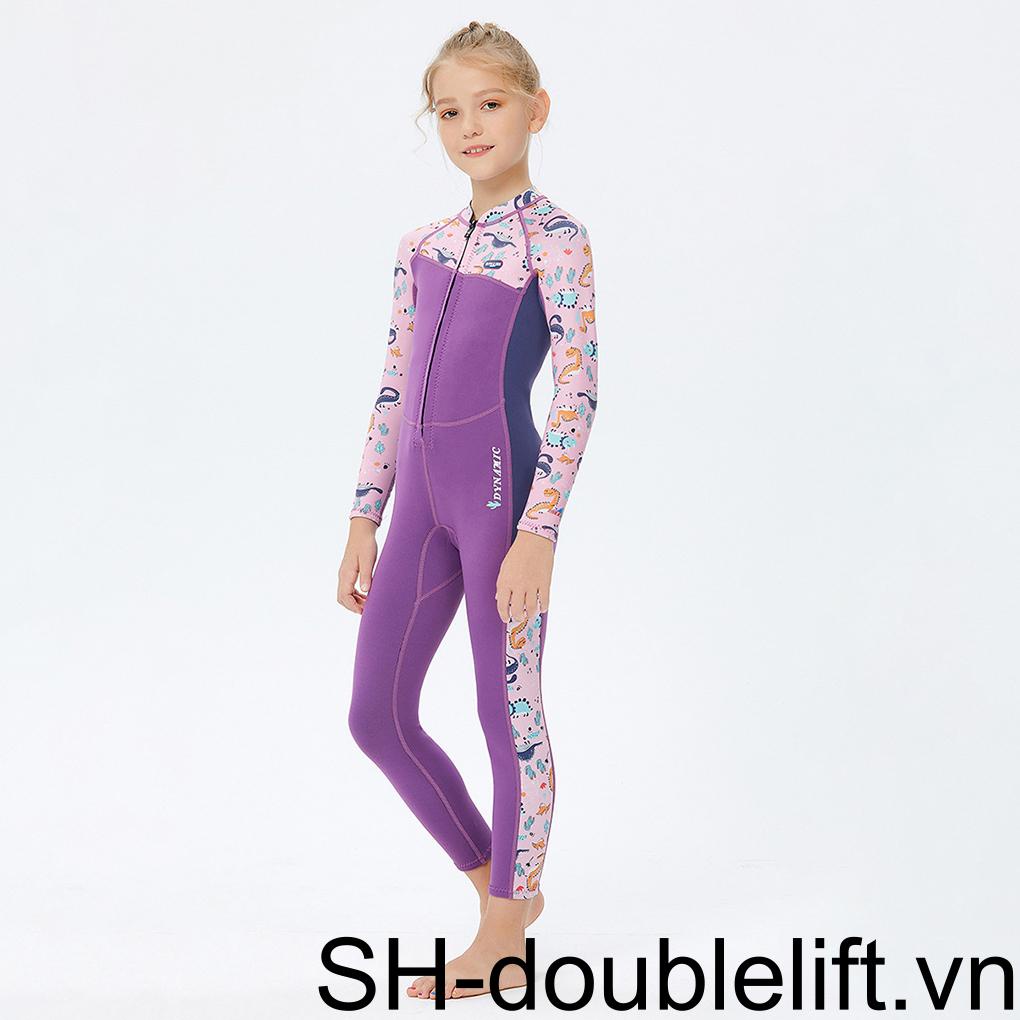 Bộ Đồ Bơi Một Mảnh Tay Dài Dày 5MM Màu Tím Có Khóa Kéo Dành Cho Bé Gái