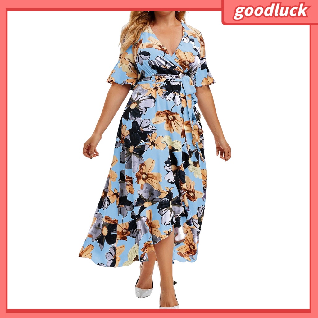 Đầm Tay Ngắn Cổ Chữ V Lưng Cao Cột Dây In Họa Tiết Hoa Phong Cách Bohemia Thời Trang Mùa Hè Cho Nữ