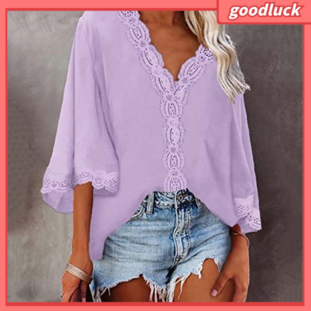 Áo Sơ Mi Tay Loe 3 / 4 Cổ Chữ V Màu Sắc Thời Trang Dành Cho Nữ