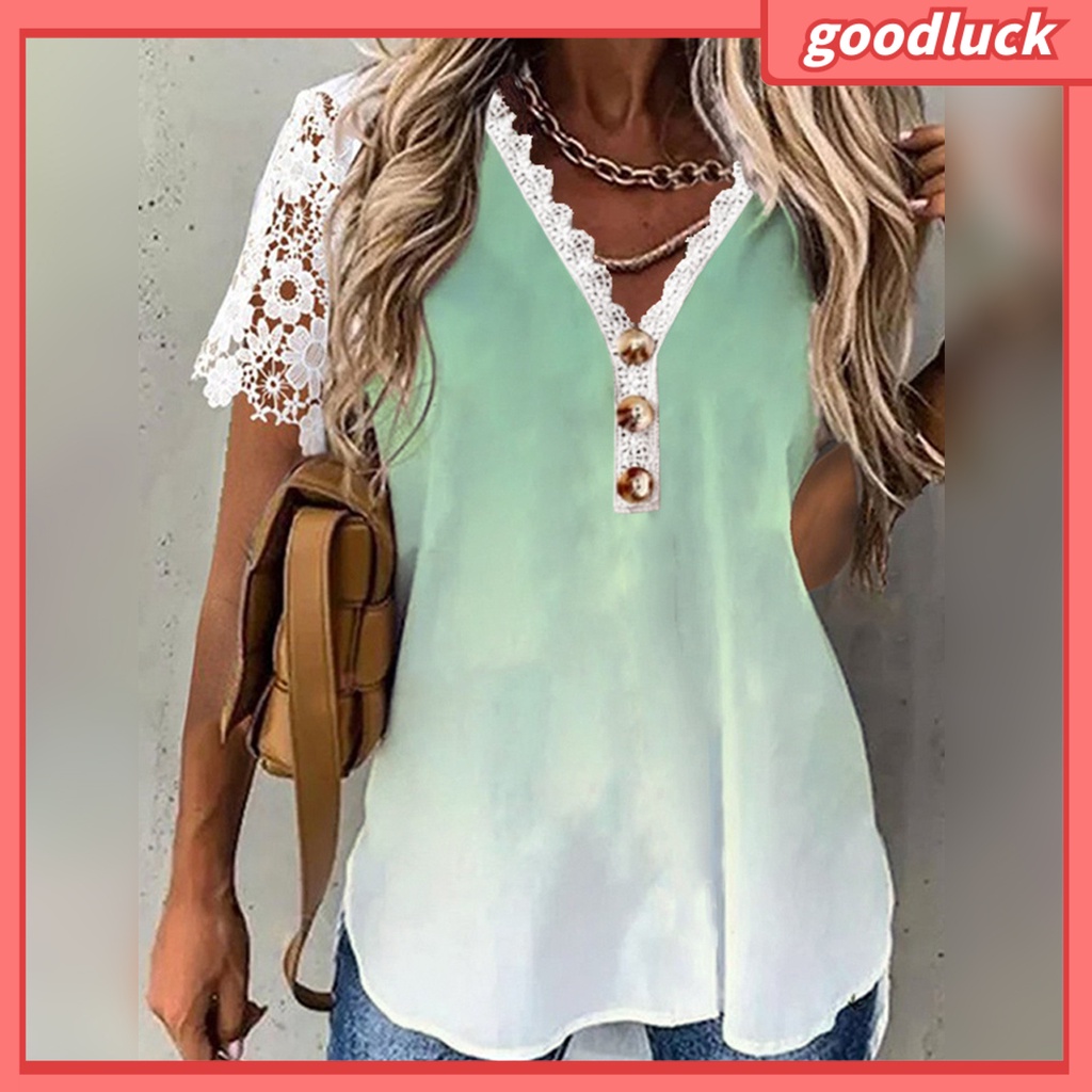 [ULK] Áo Sơ Mi Tay Ngắn Cổ Chữ V Phối Ren Màu Sắc Gradient Dành Cho Nữ Mặc Hàng Ngày