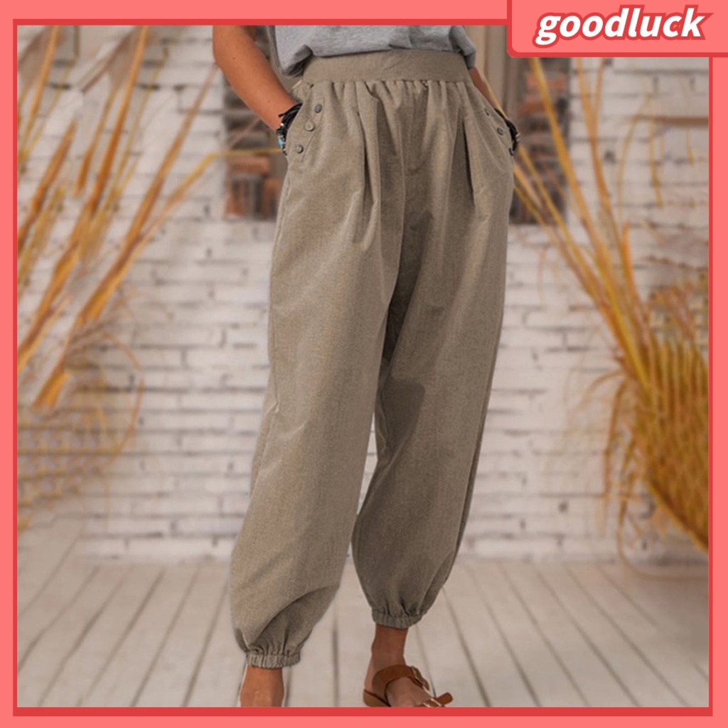 Quần Lửng Lưng Thun Màu Trơn Có Túi Đính Nút Trang Trí Đường Phố Cho Nữ