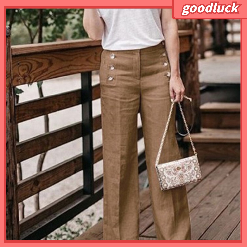 Quần Dài Vải Lanh Cotton Ống Rộng Cài Nút Màu Trơn Lưng Cao Thời Trang Cho Nữ