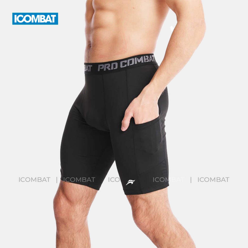 Quần legging thể thao nam ngắn có túi chạy bộ thoáng mát ICOMBAT RUNNING Vải Coolmax™ ½ màu đen màu trắng - QL50